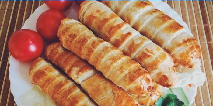 Kész kolbászok csomagolva tányér leveles tészta