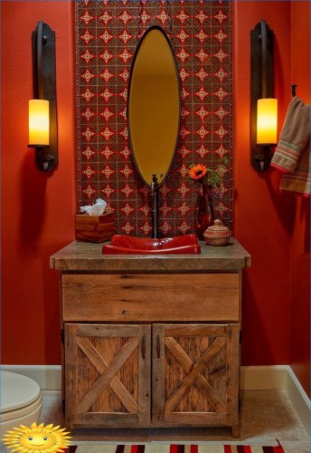 Vörös színekkel ellátott fürdőszoba: fotókiválasztás